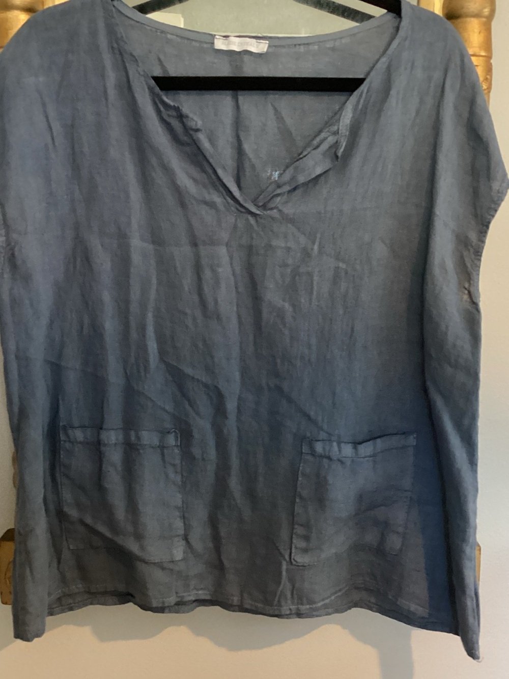 Women's Casual Blue Button-Down Style Linen Top with Front Pockets